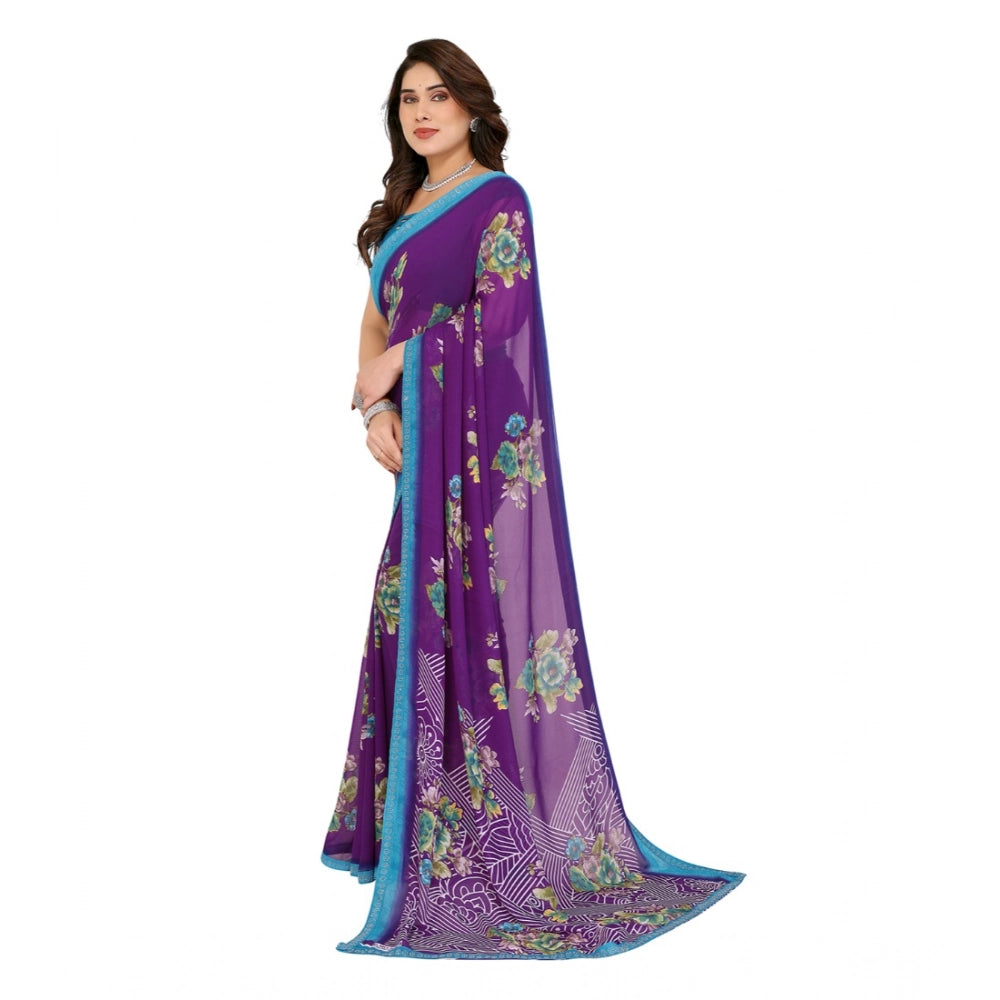 Seduva Women's Georgette Printed Saree With Unstitched Blouse 5.5Mtr (Purple)