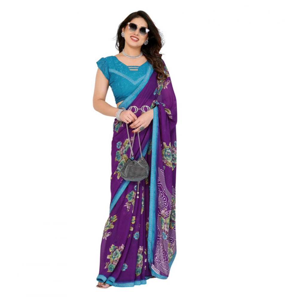 Seduva Women's Georgette Printed Saree With Unstitched Blouse 5.5Mtr (Purple)