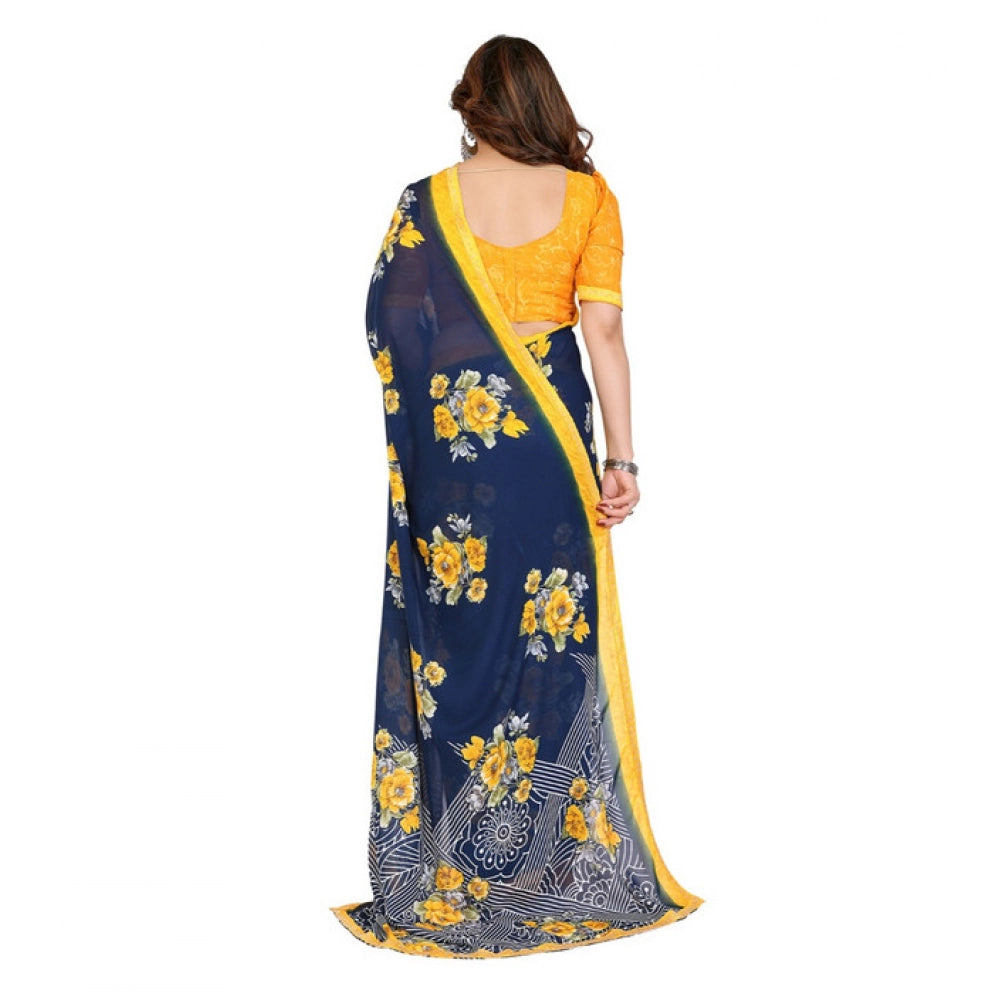 Seduva Women's Georgette Printed Saree With Unstitched Blouse 5.5Mtr (Blue)