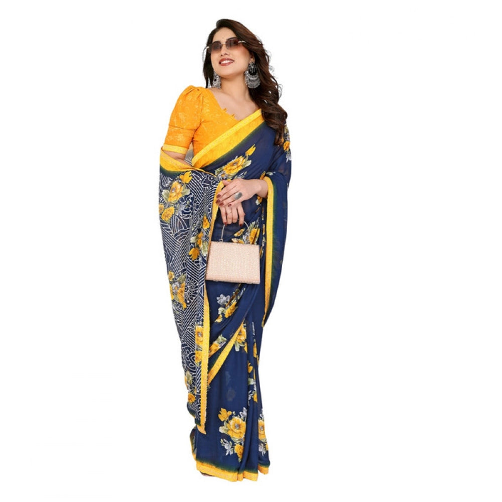 Seduva Women's Georgette Printed Saree With Unstitched Blouse 5.5Mtr (Blue)