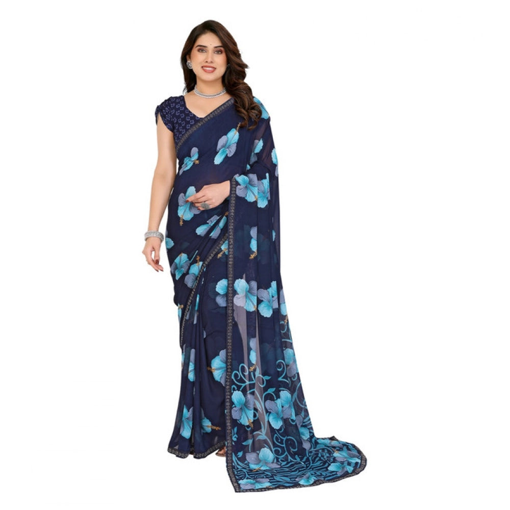 Seduva Women's Georgette Printed Saree With Unstitched Blouse 5.5Mtr (Navy Blue)