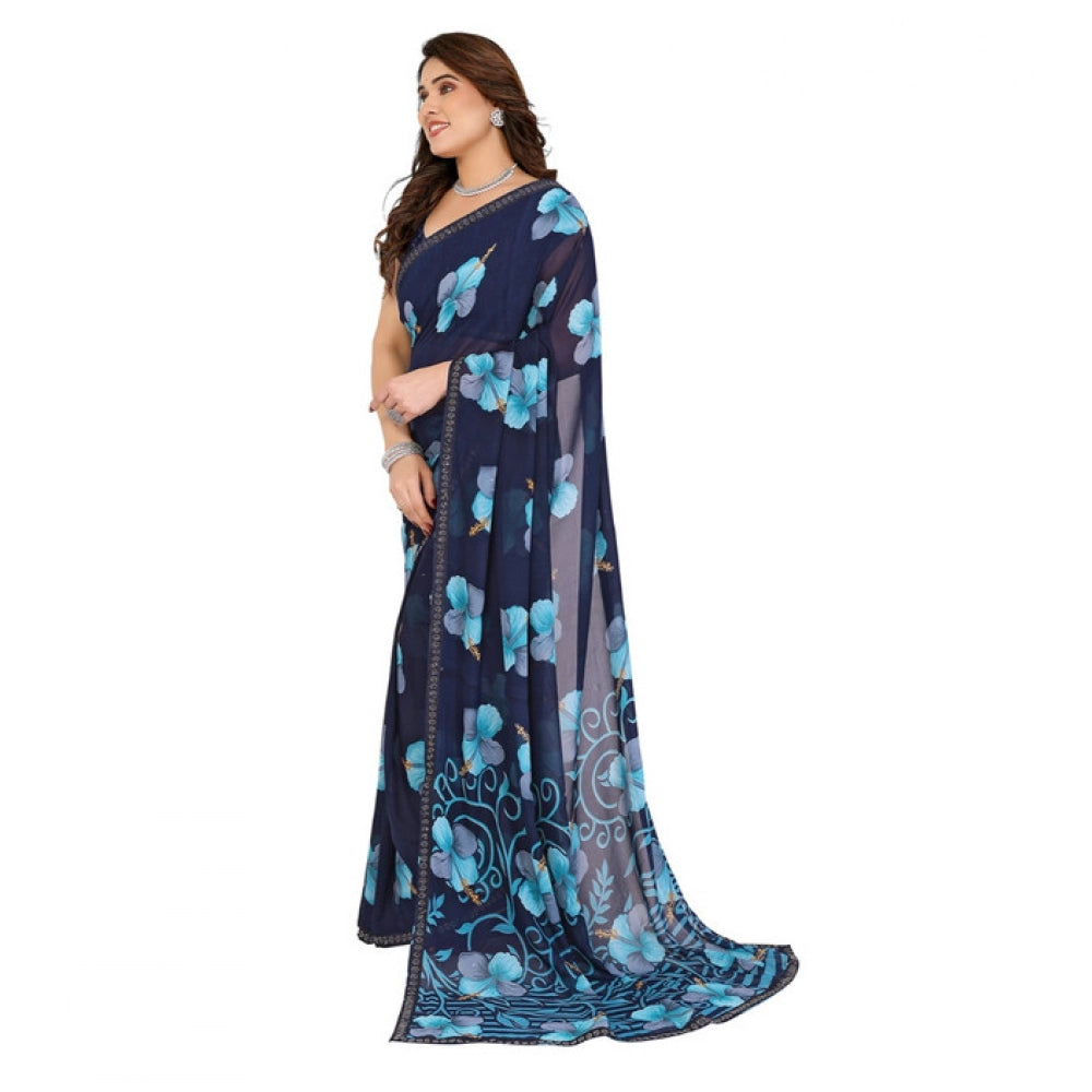 Seduva Women's Georgette Printed Saree With Unstitched Blouse 5.5Mtr (Navy Blue)