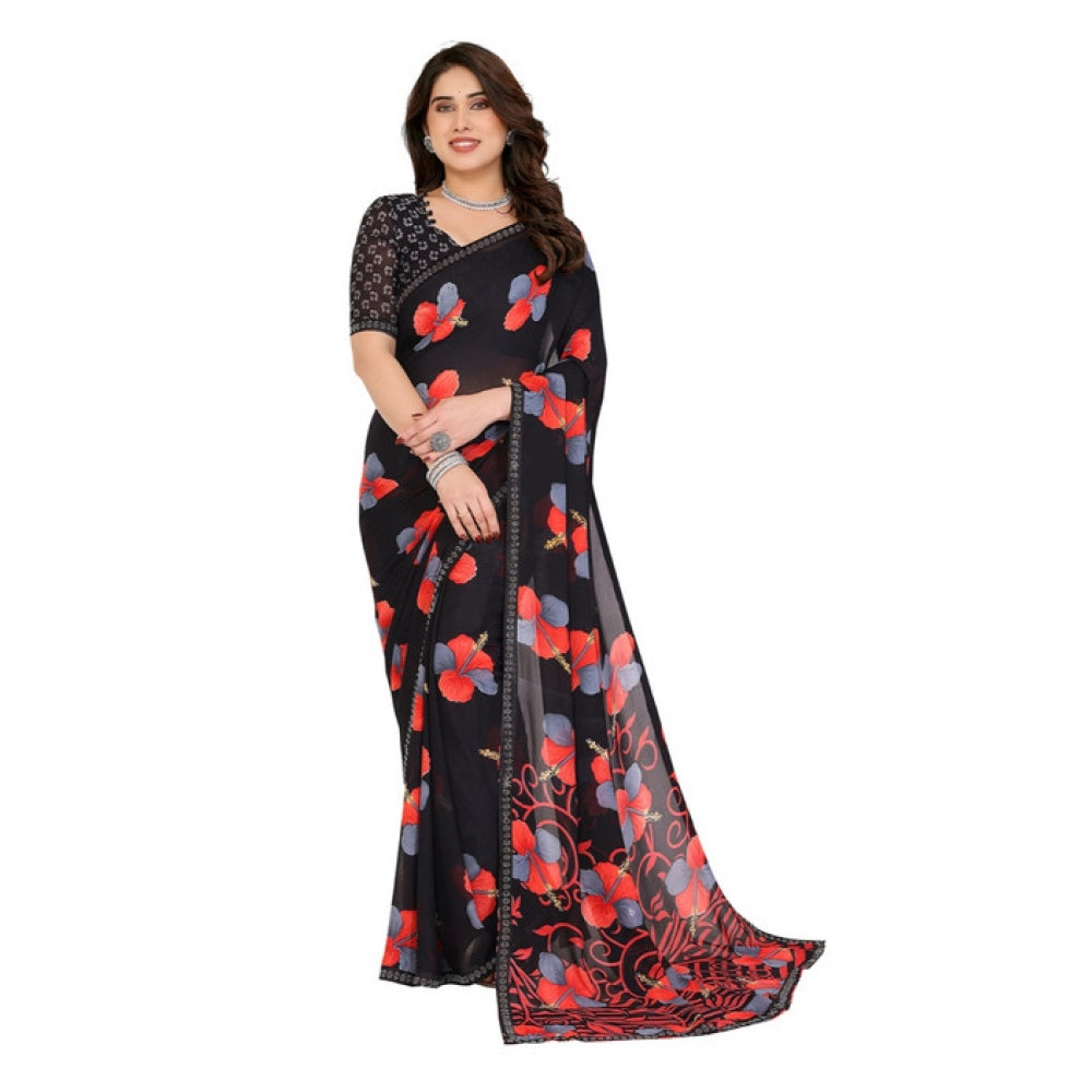 Seduva Women's Georgette Printed Saree With Unstitched Blouse 5.5Mtr (Black)