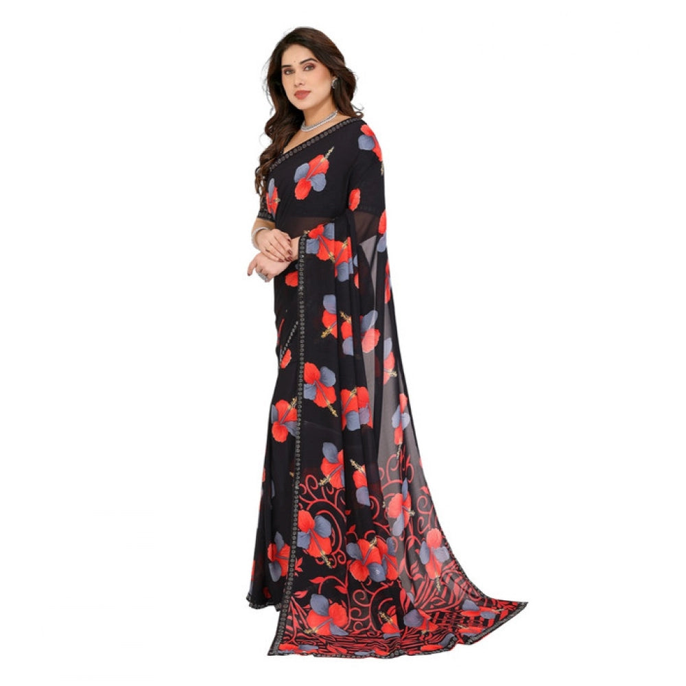 Seduva Women's Georgette Printed Saree With Unstitched Blouse 5.5Mtr (Black)