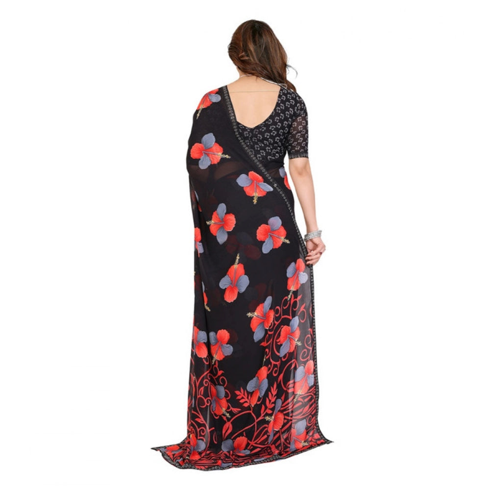 Seduva Women's Georgette Printed Saree With Unstitched Blouse 5.5Mtr (Black)
