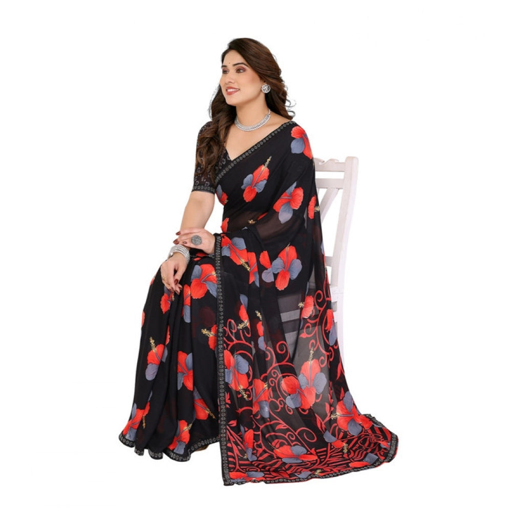 Seduva Women's Georgette Printed Saree With Unstitched Blouse 5.5Mtr (Black)
