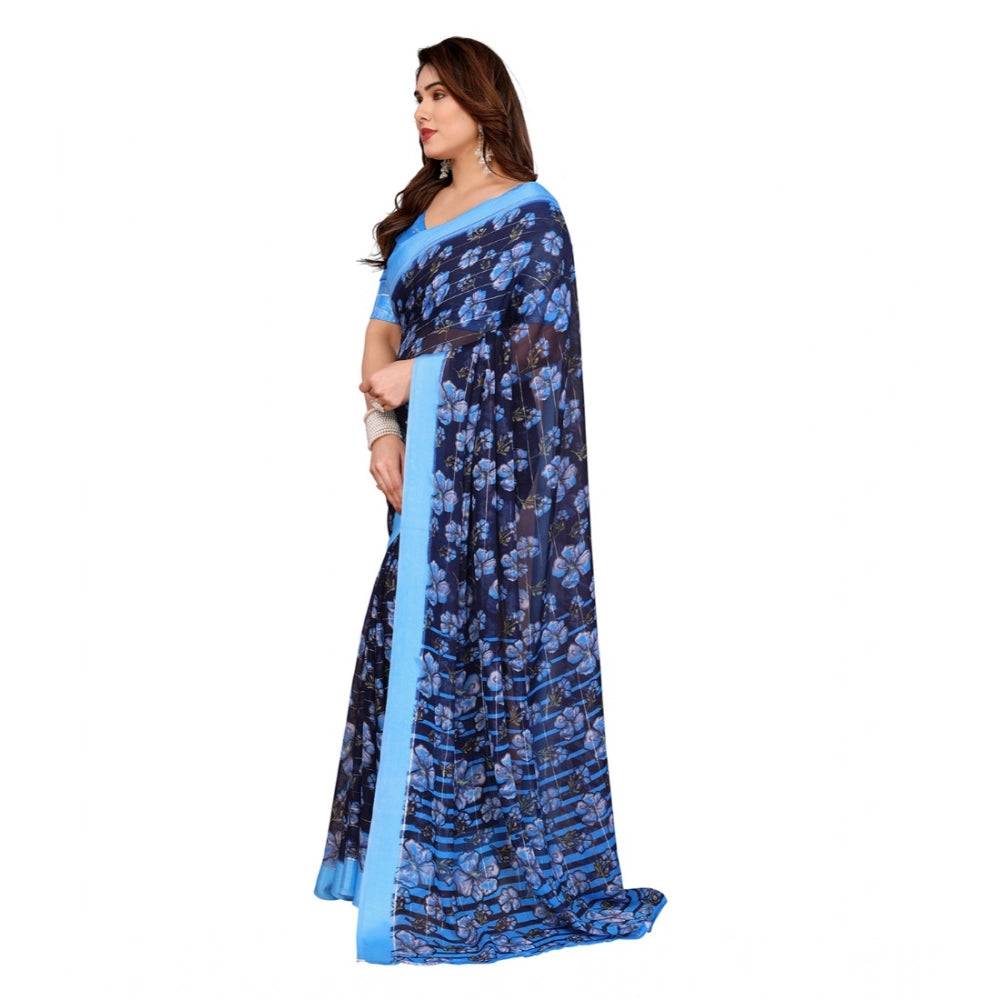 Seduva Women's Georgette Printed Saree With Unstitched Blouse 5.5Mtr (Blue)