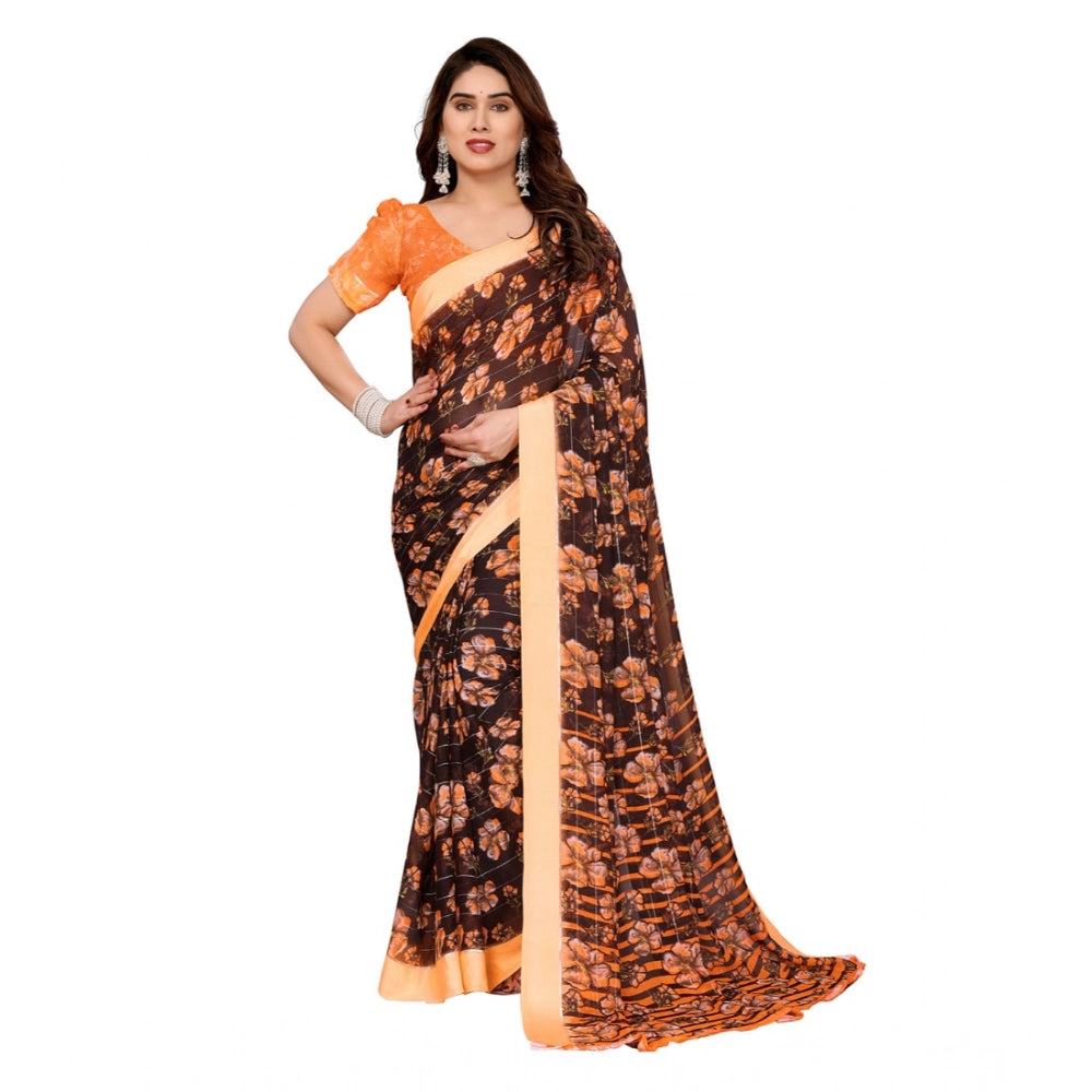 Seduva Women's Georgette Printed Saree With Unstitched Blouse 5.5Mtr (Brown)