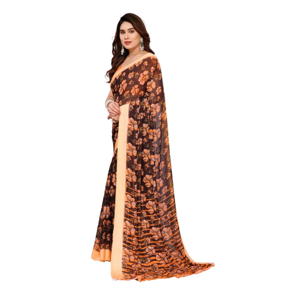Seduva Women's Georgette Printed Saree With Unstitched Blouse 5.5Mtr (Brown)