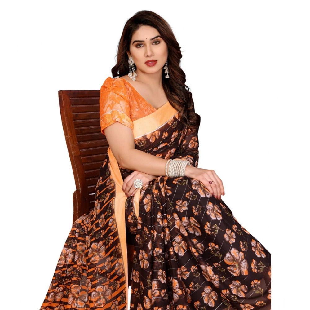 Seduva Women's Georgette Printed Saree With Unstitched Blouse 5.5Mtr (Brown)