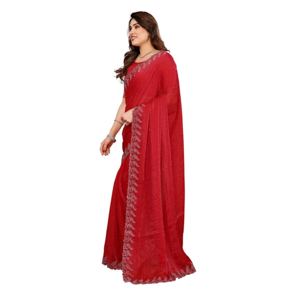 Seduva Women's Georgette Printed Saree With Unstitched Blouse 5.5Mtr (Red)