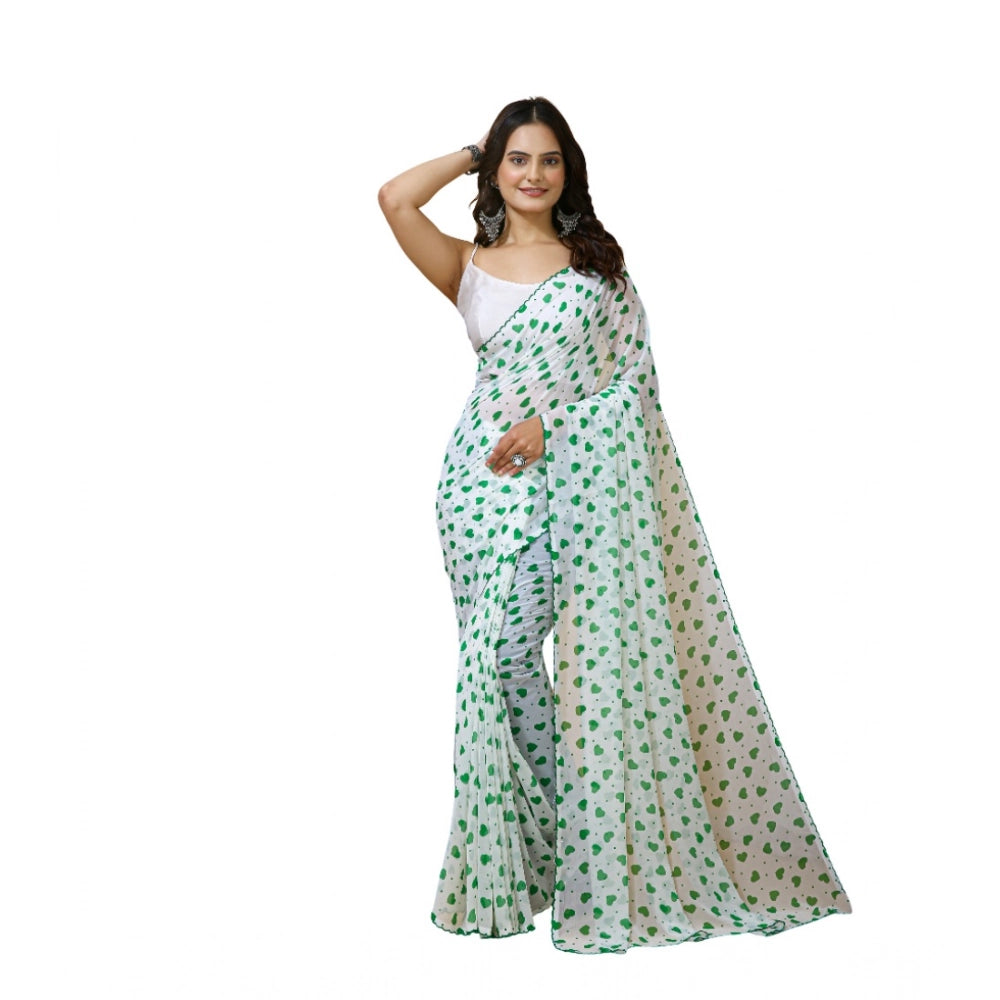 Seduva Women's Georgette Printed Saree With Unstitched Blouse 5.5Mtr (White-Green)