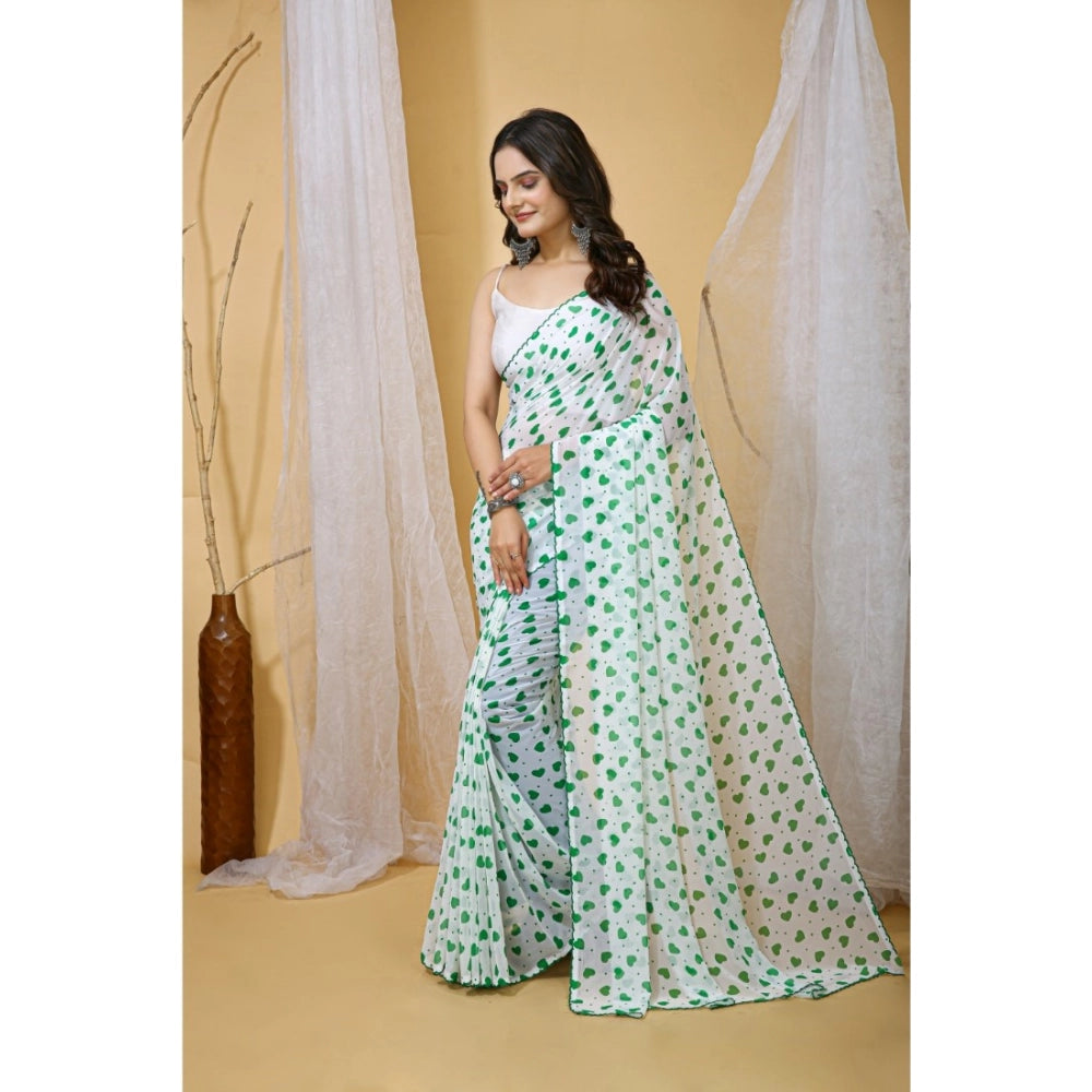 Seduva Women's Georgette Printed Saree With Unstitched Blouse 5.5Mtr (White-Green)