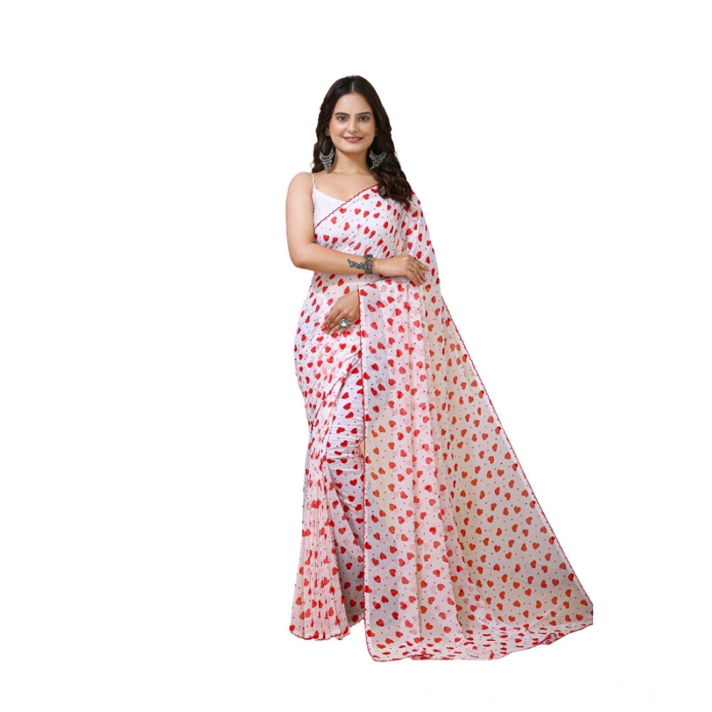 Seduva Women's Georgette Printed Saree With Unstitched Blouse 5.5Mtr (White-Red)