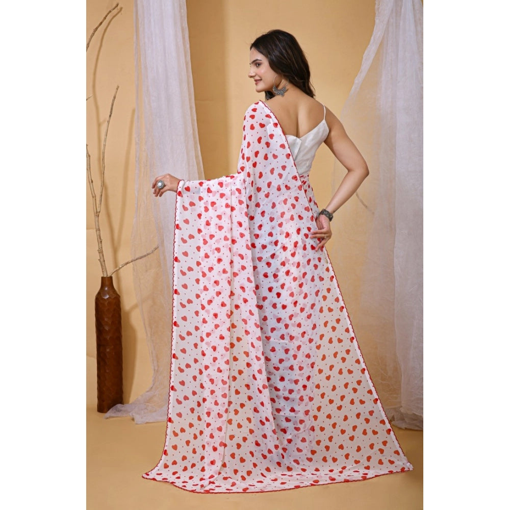 Seduva Women's Georgette Printed Saree With Unstitched Blouse 5.5Mtr (White-Red)