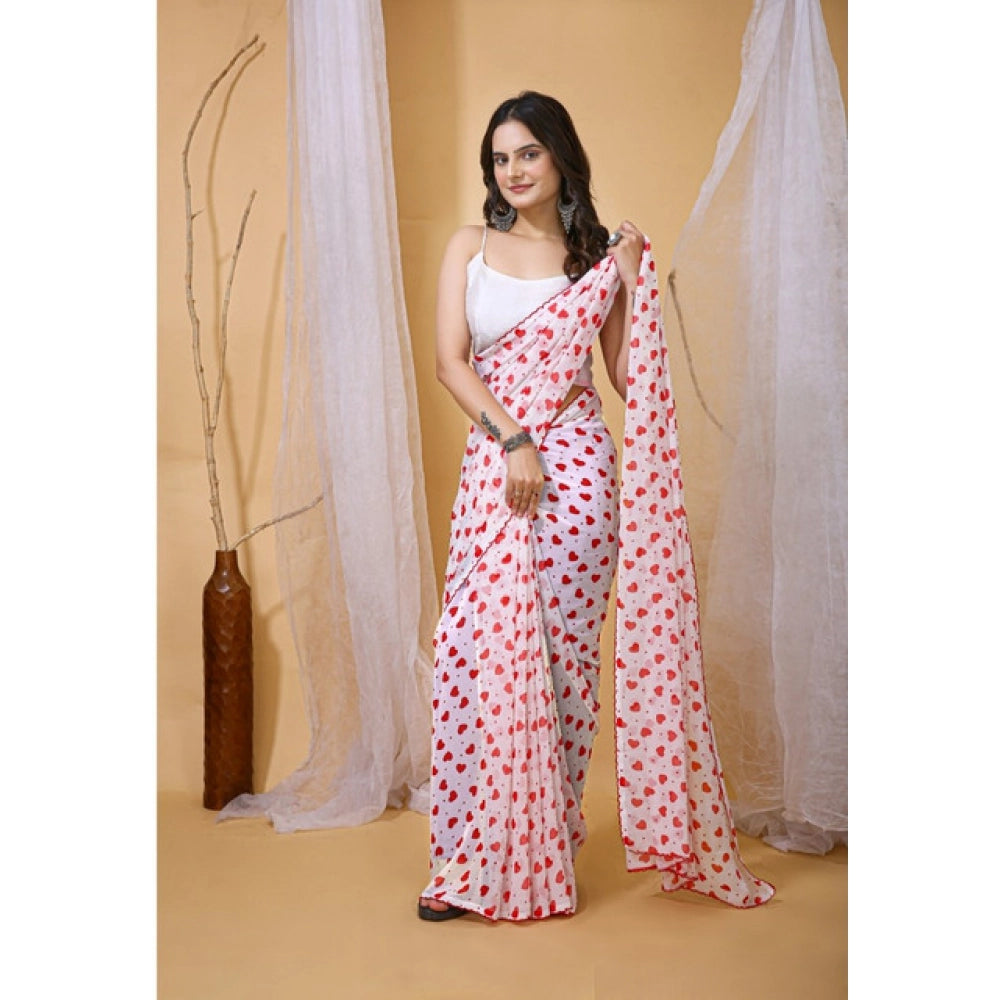 Seduva Women's Georgette Printed Saree With Unstitched Blouse 5.5Mtr (White-Red)