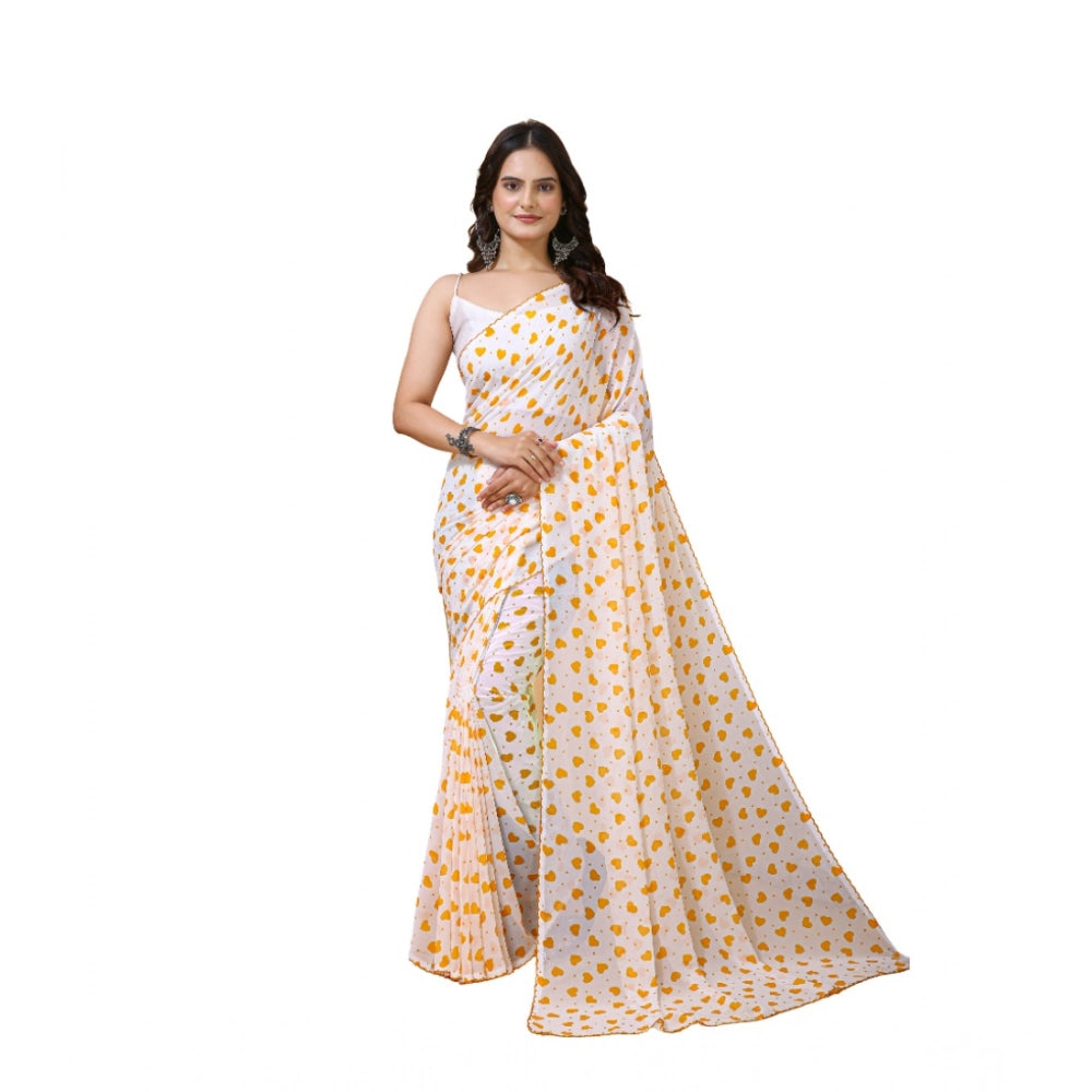 Seduva Women's Georgette Printed Saree With Unstitched Blouse 5.5Mtr (White-Yellow)