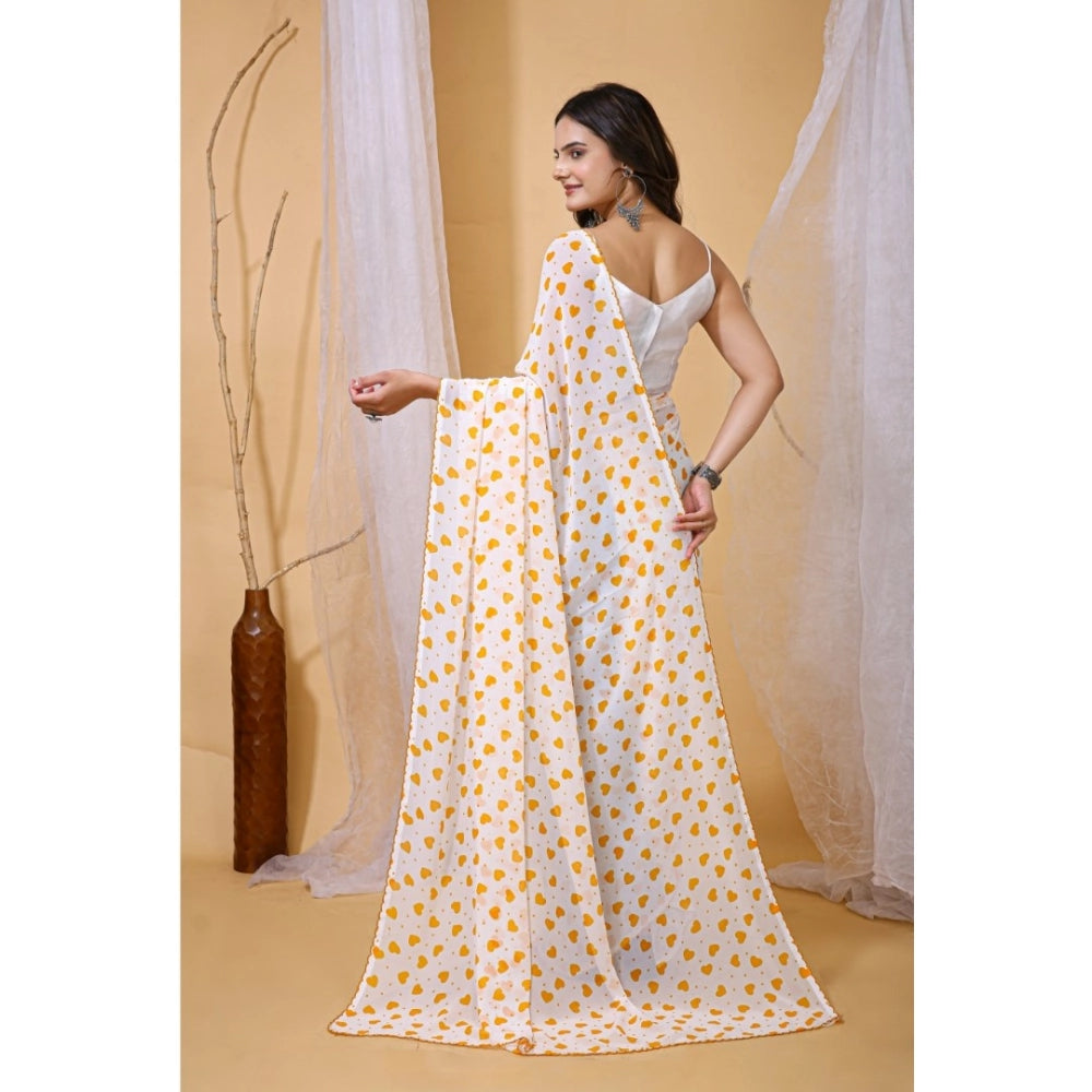 Seduva Women's Georgette Printed Saree With Unstitched Blouse 5.5Mtr (White-Yellow)