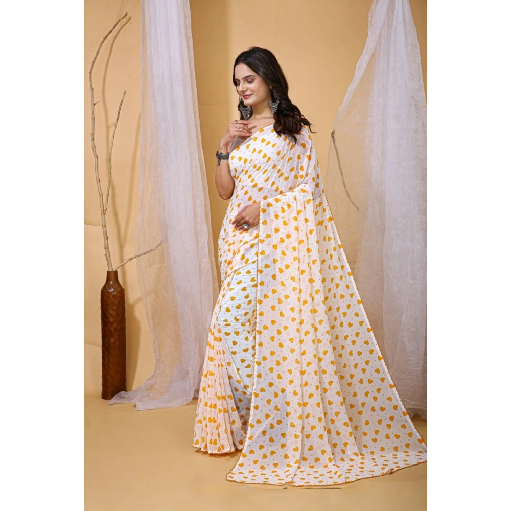 Seduva Women's Georgette Printed Saree With Unstitched Blouse 5.5Mtr (White-Yellow)
