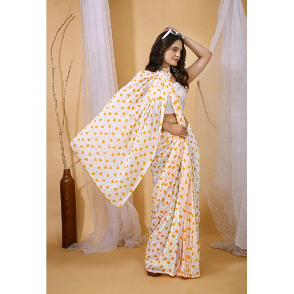 Seduva Women's Georgette Printed Saree With Unstitched Blouse 5.5Mtr (White-Yellow)