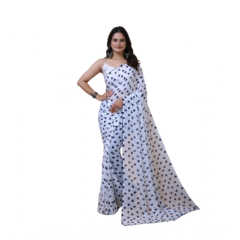 Seduva Women's Georgette Printed Saree With Unstitched Blouse 5.5Mtr (White-Blue)