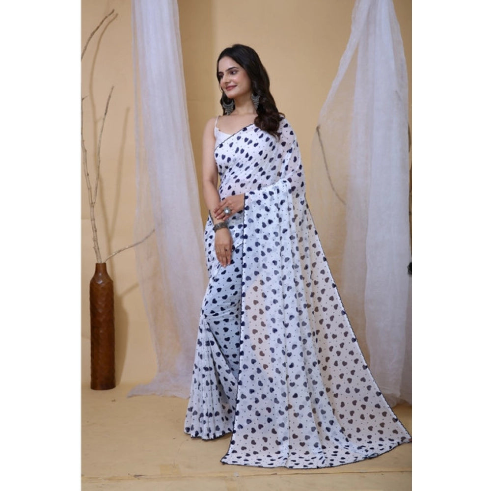 Seduva Women's Georgette Printed Saree With Unstitched Blouse 5.5Mtr (White-Blue)
