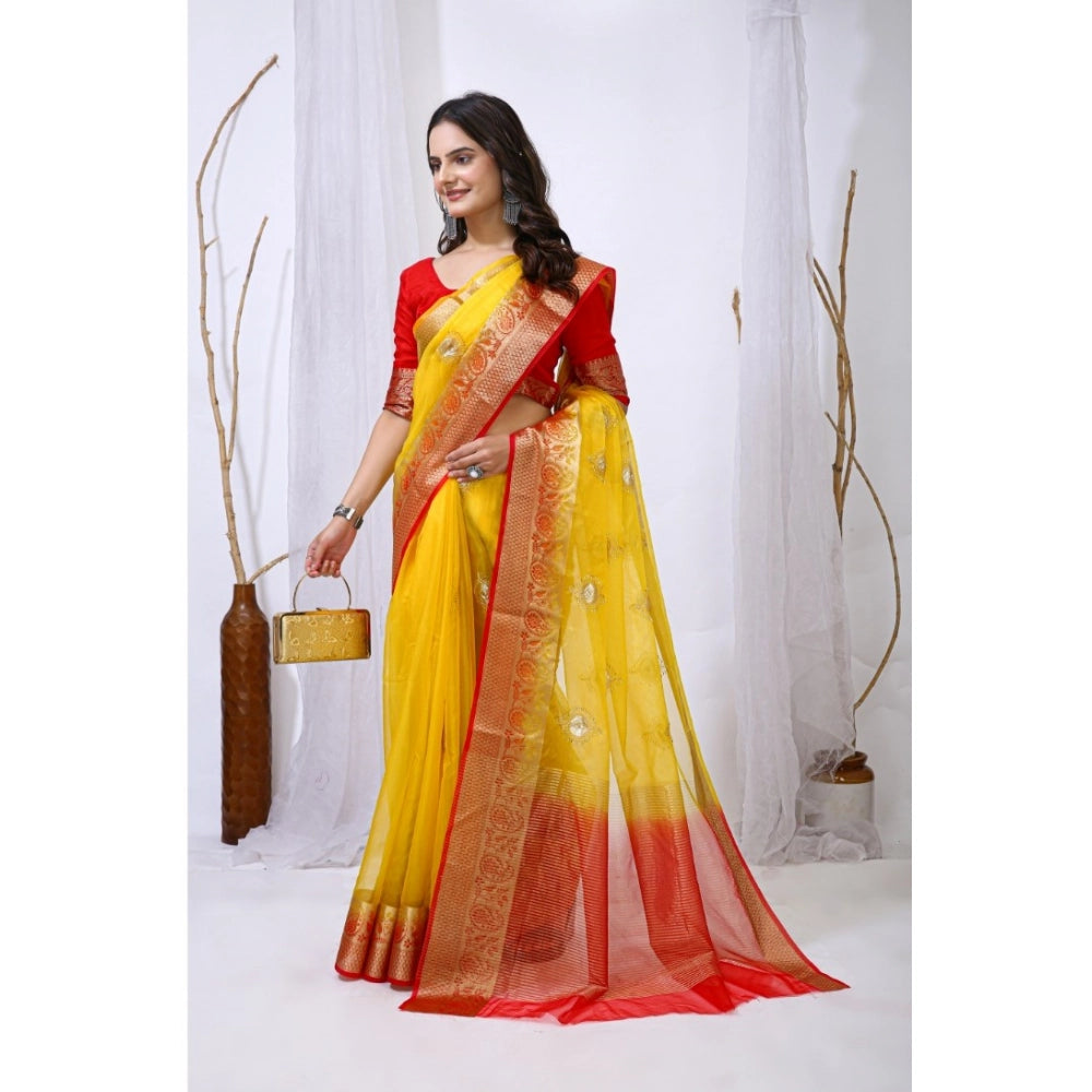 Seduva Women's Organza jacquard Embellished Saree With Unstitched Blouse 5.5Mtr (Yellow)