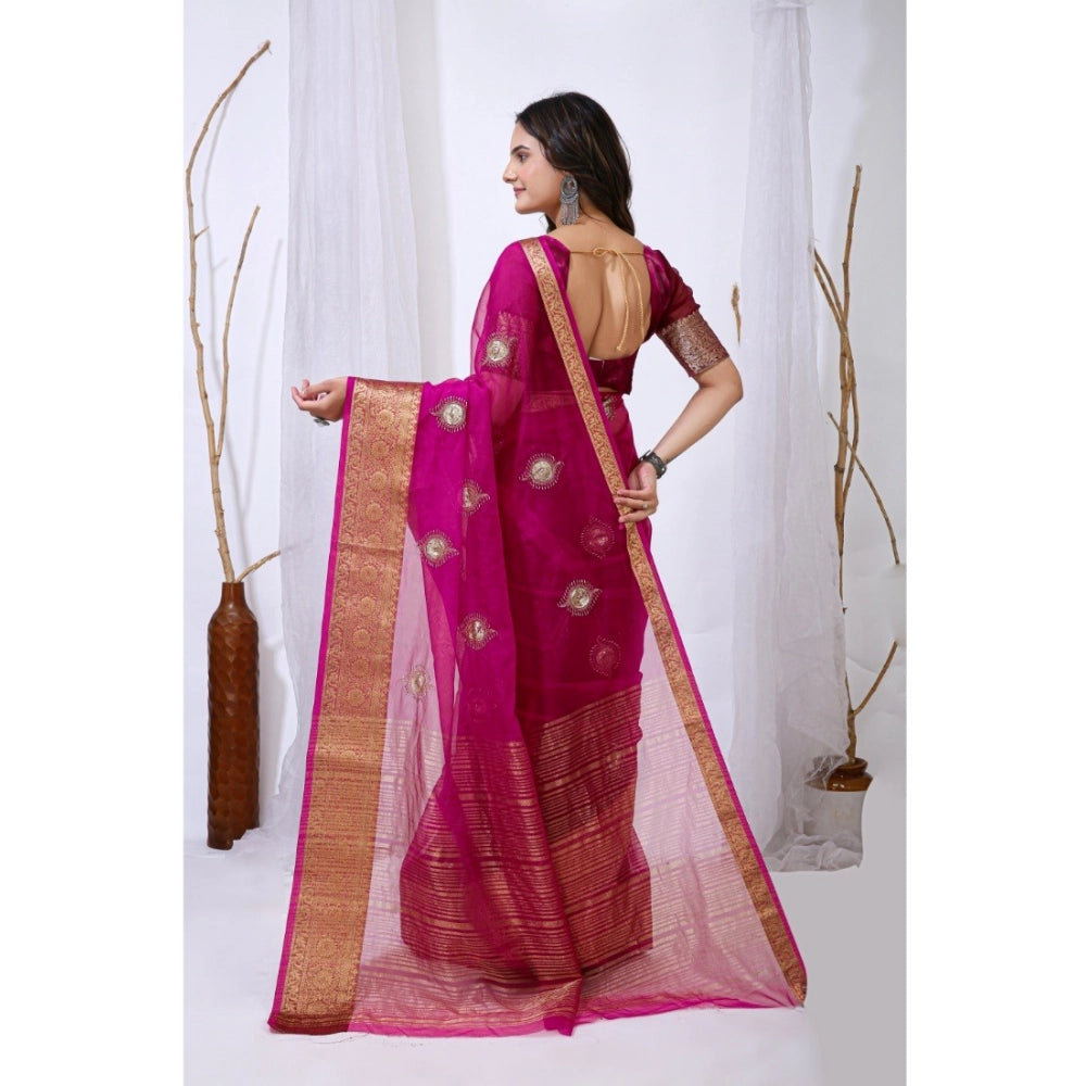 Seduva Women's Organza jacquard Embellished Saree With Unstitched Blouse 5.5Mtr (Pink)