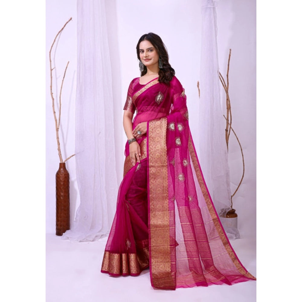 Seduva Women's Organza jacquard Embellished Saree With Unstitched Blouse 5.5Mtr (Pink)