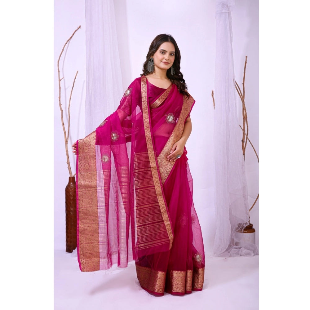 Seduva Women's Organza jacquard Embellished Saree With Unstitched Blouse 5.5Mtr (Pink)