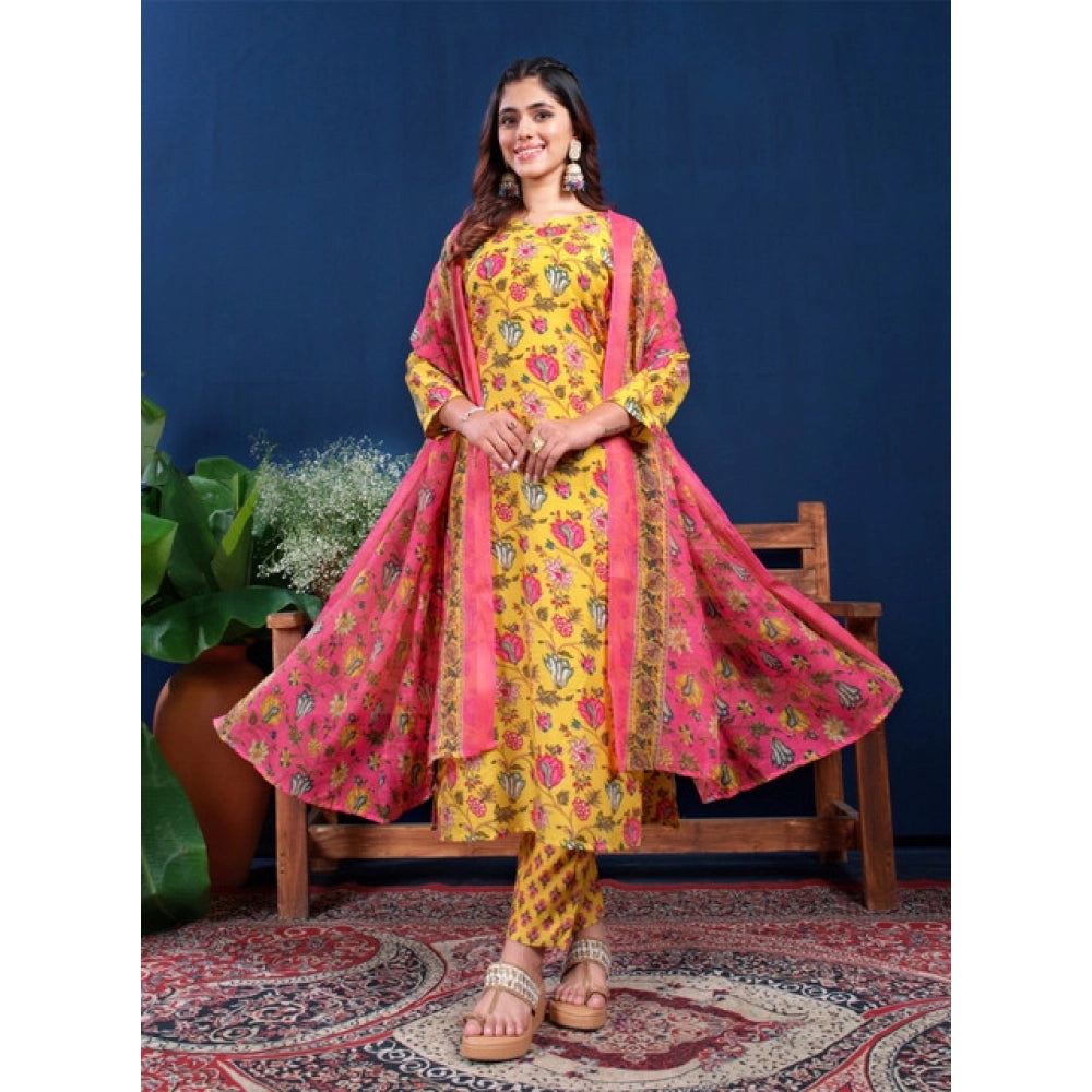 Seduva Women's Cotton Blend Printed Kurti With Pant Dupatta Set (Yellow)