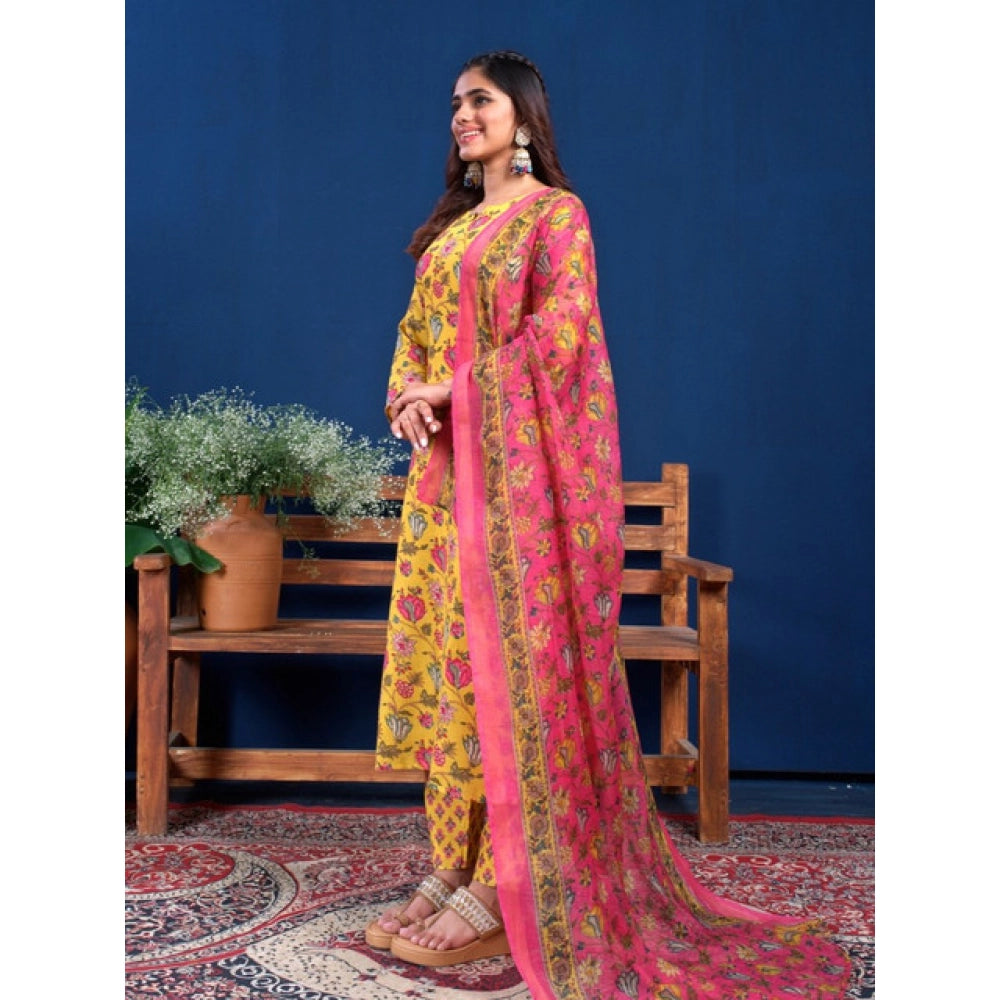 Seduva Women's Cotton Blend Printed Kurti With Pant Dupatta Set (Yellow)