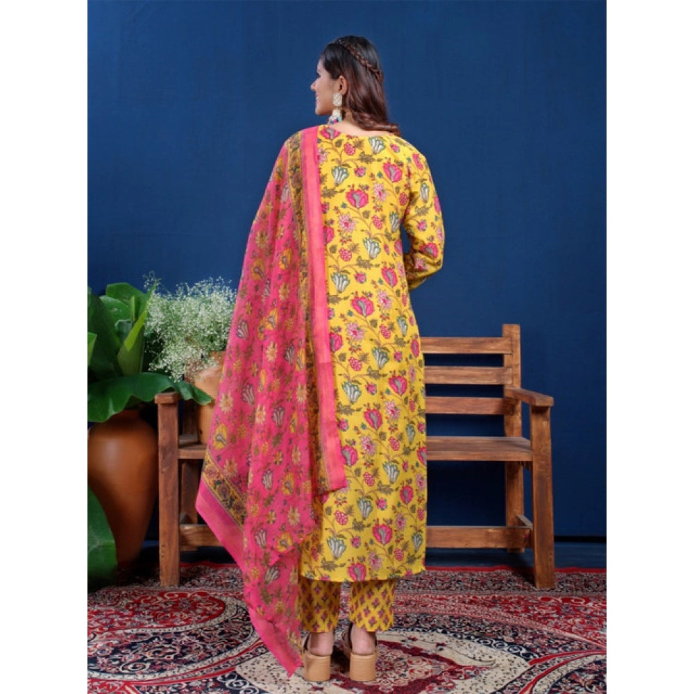 Seduva Women's Cotton Blend Printed Kurti With Pant Dupatta Set (Yellow)