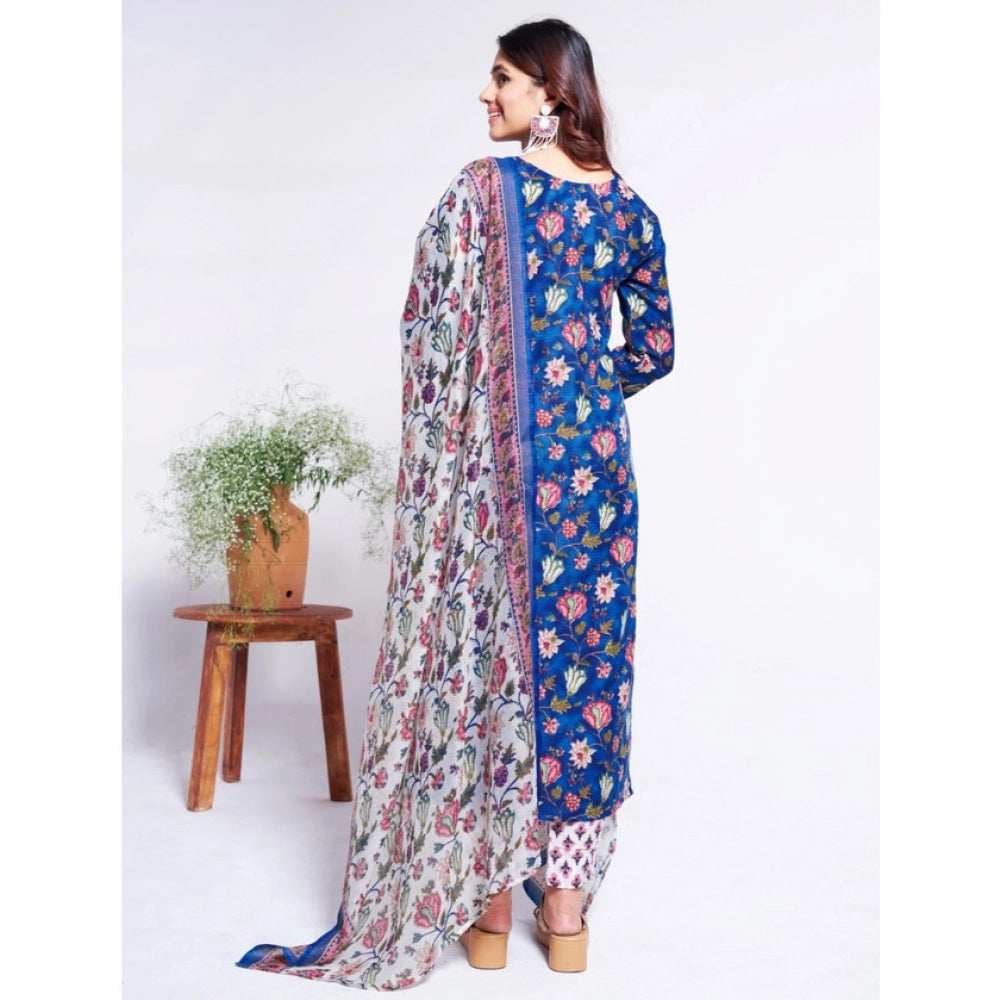 Seduva Women's Cotton Blend Printed Kurti With Pant Dupatta Set (Blue)