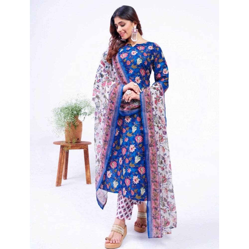 Seduva Women's Cotton Blend Printed Kurti With Pant Dupatta Set (Blue)