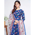 Seduva Women's Cotton Blend Printed Kurti With Pant Dupatta Set (Blue)