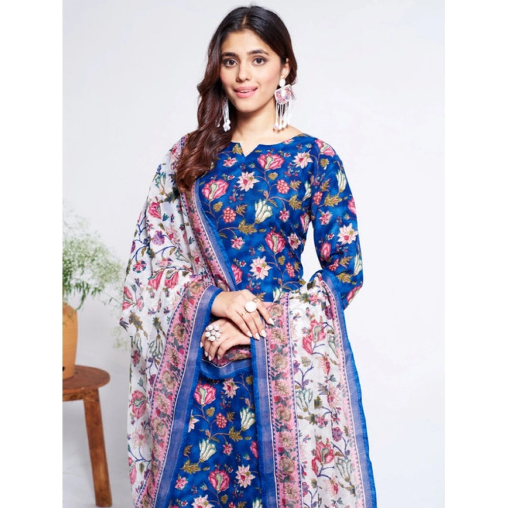 Seduva Women's Cotton Blend Printed Kurti With Pant Dupatta Set (Blue)
