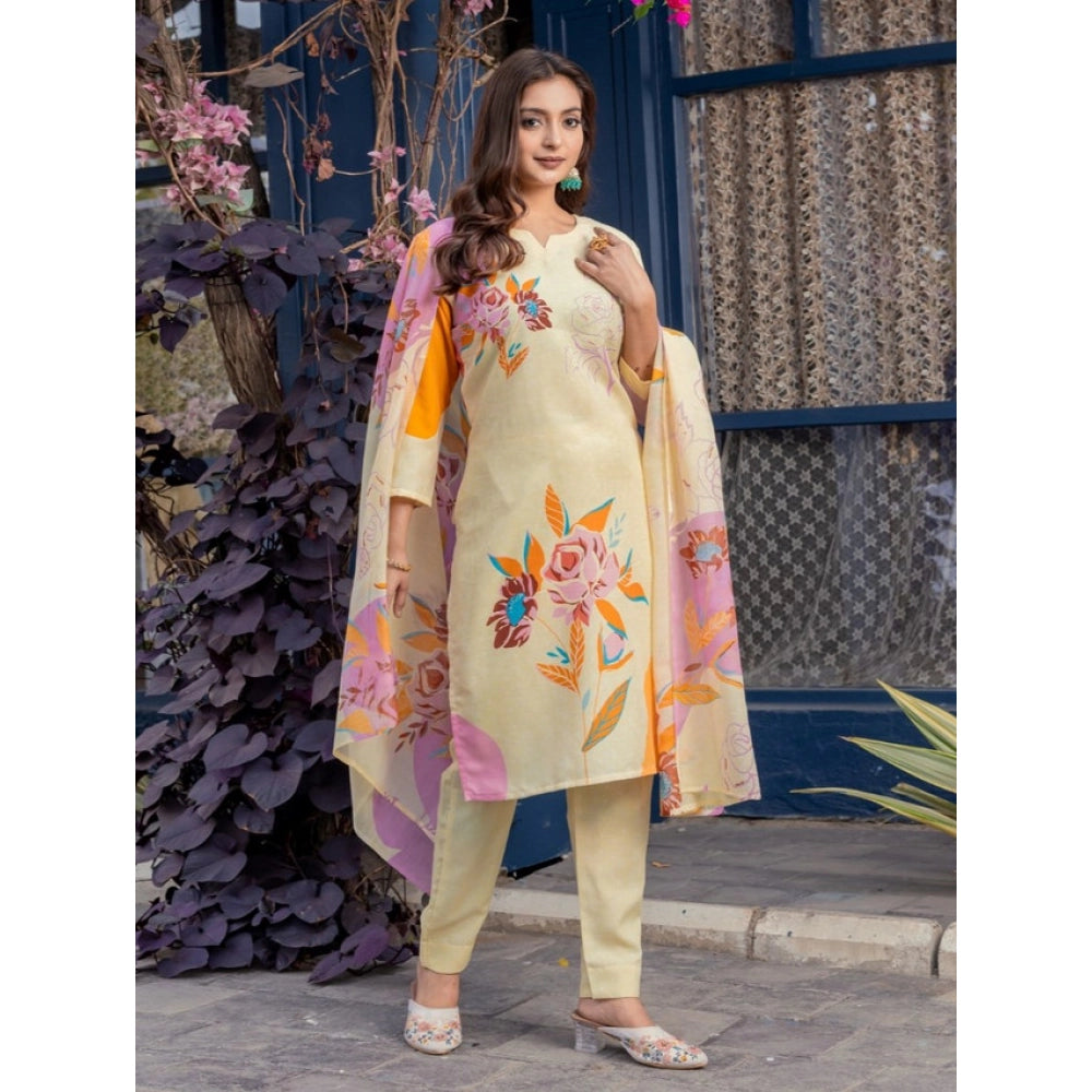 Seduva Women's Cotton Blend Printed Kurti With Pant Dupatta Set (Cream)