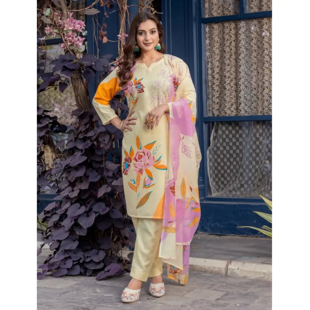 Seduva Women's Cotton Blend Printed Kurti With Pant Dupatta Set (Cream)