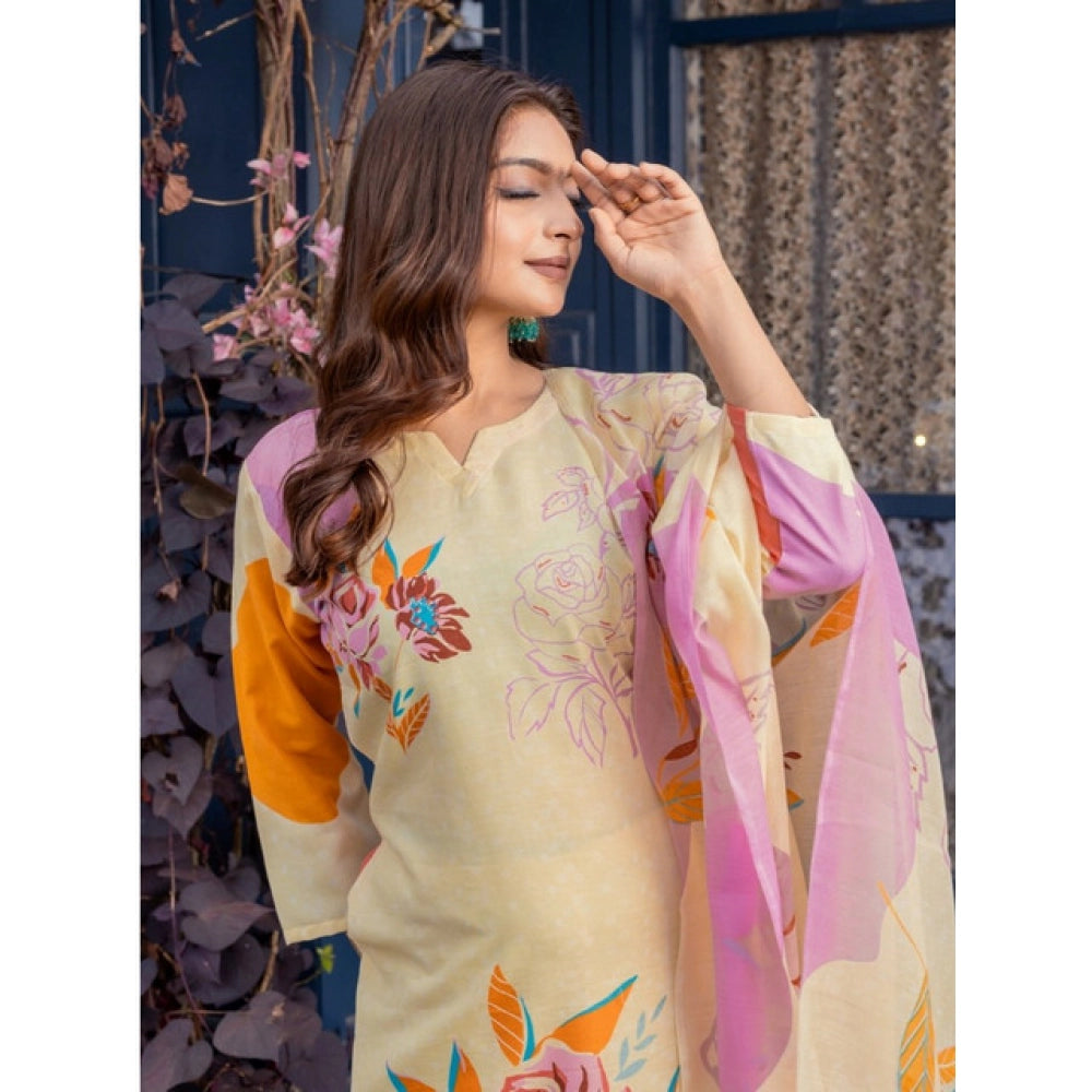 Seduva Women's Cotton Blend Printed Kurti With Pant Dupatta Set (Cream)