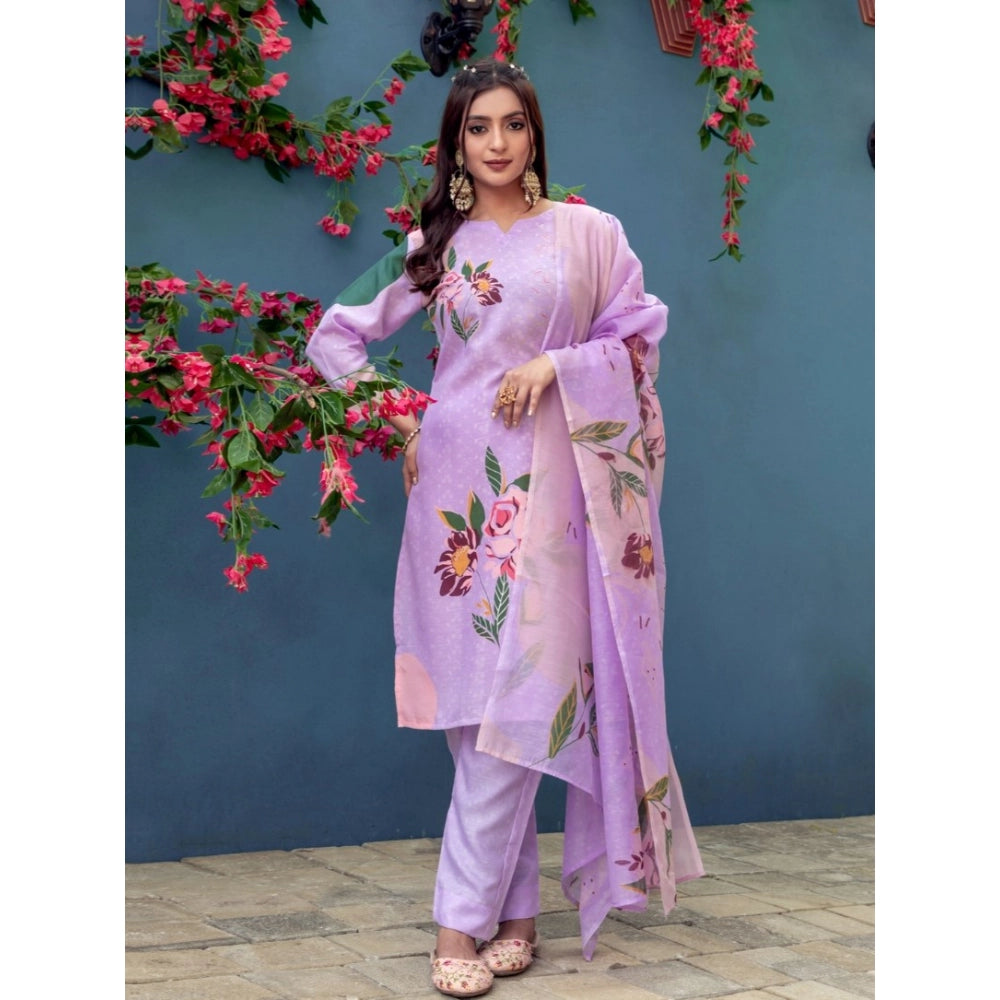 Seduva Women's Cotton Blend Printed Kurti With Pant Dupatta Set (Lavender)