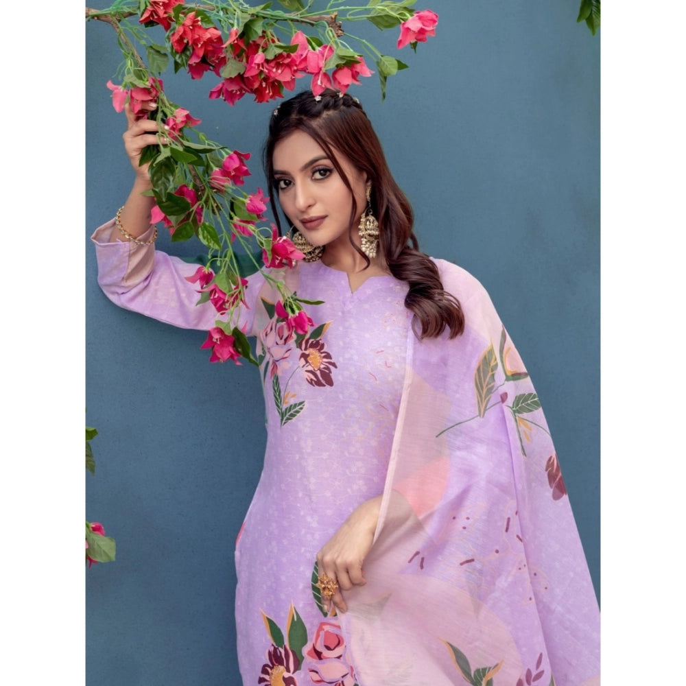 Seduva Women's Cotton Blend Printed Kurti With Pant Dupatta Set (Lavender)