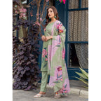 Seduva Women's Cotton Blend Printed Kurti With Pant Dupatta Set (Mehendi)