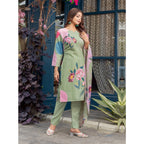 Seduva Women's Cotton Blend Printed Kurti With Pant Dupatta Set (Mehendi)
