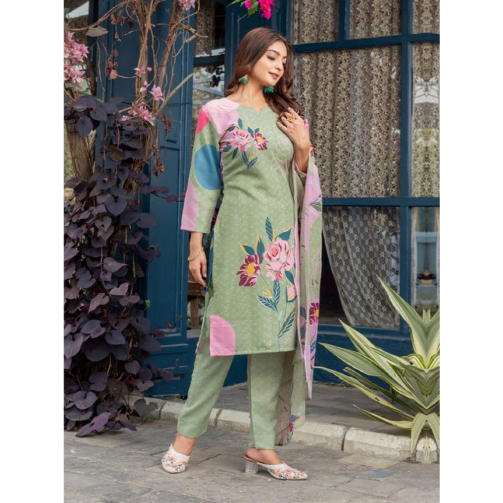 Seduva Women's Cotton Blend Printed Kurti With Pant Dupatta Set (Mehendi)