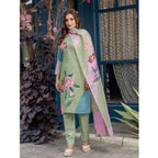 Seduva Women's Cotton Blend Printed Kurti With Pant Dupatta Set (Mehendi)