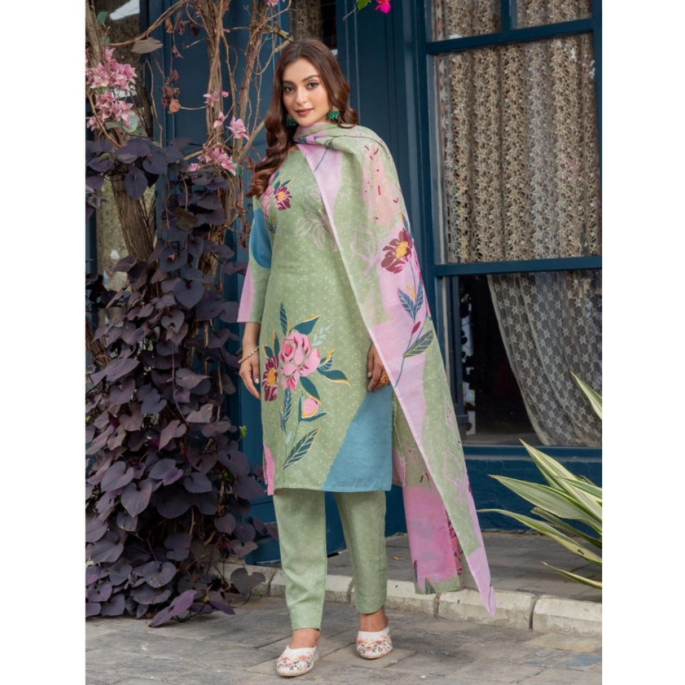 Seduva Women's Cotton Blend Printed Kurti With Pant Dupatta Set (Mehendi)