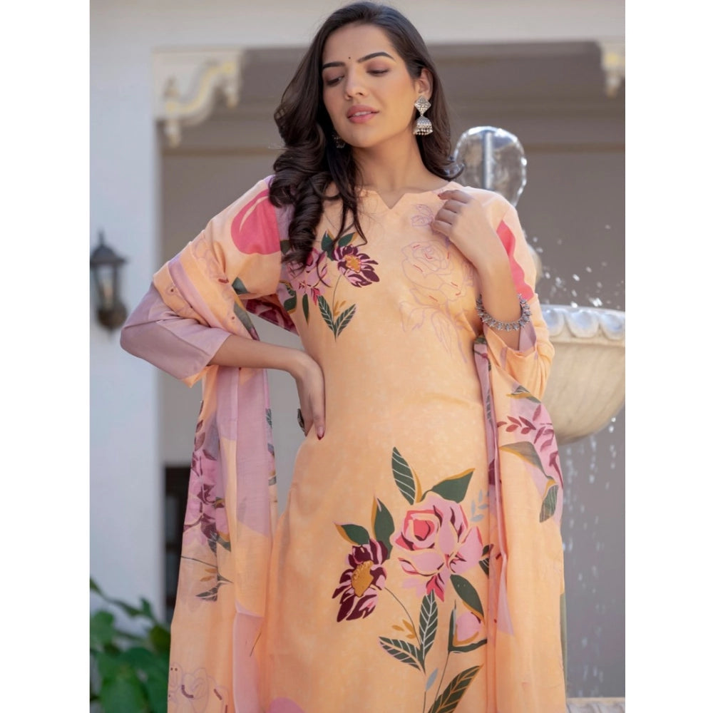 Seduva Women's Cotton Blend Printed Kurti With Pant Dupatta Set (Orange)