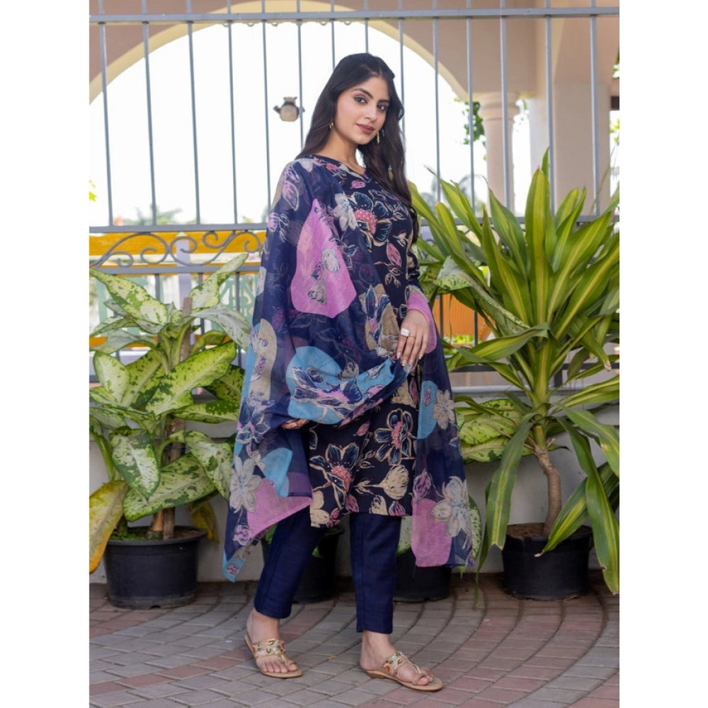 Seduva Women's Cotton Blend Printed Kurti With Pant Dupatta Set (NavyBlue)
