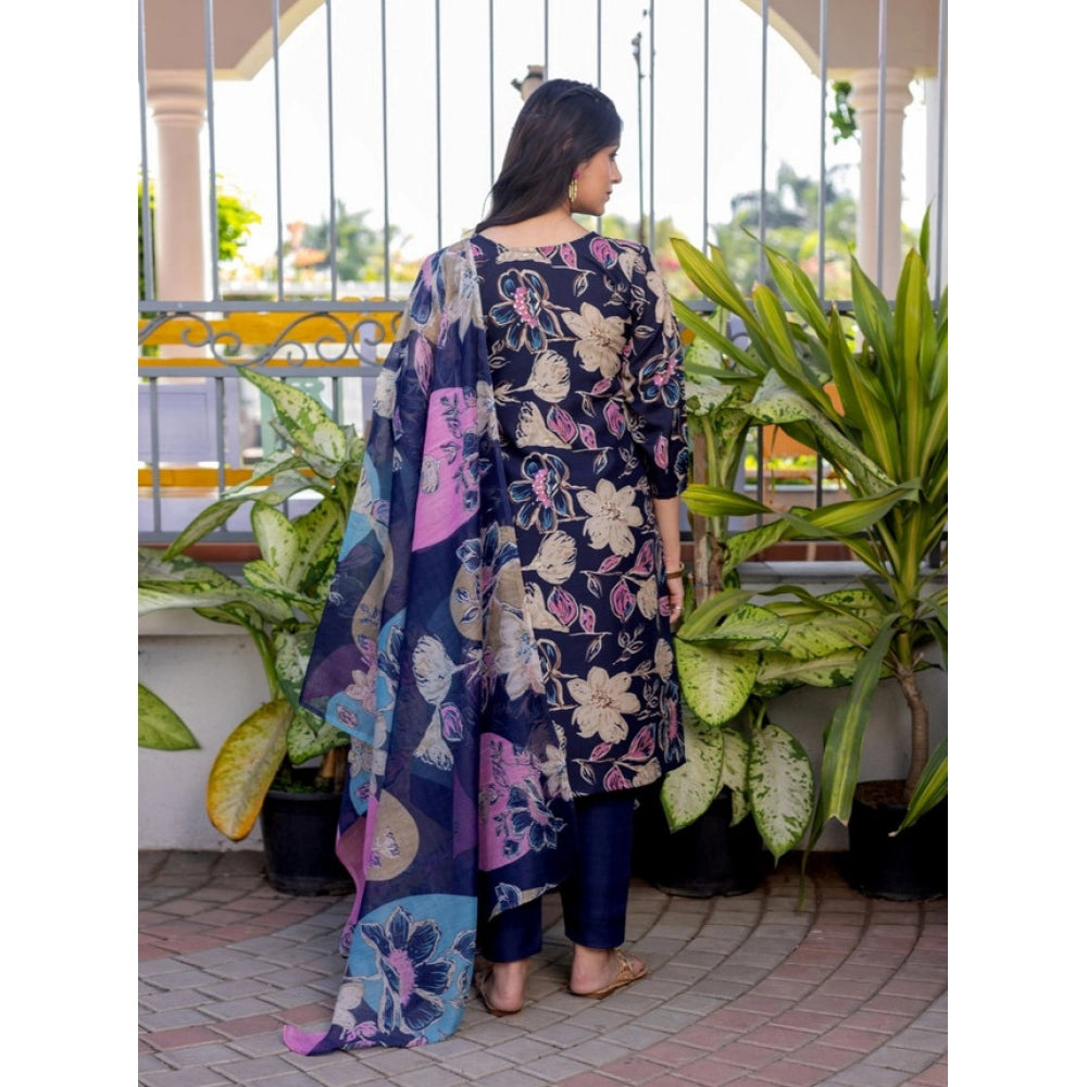 Seduva Women's Cotton Blend Printed Kurti With Pant Dupatta Set (NavyBlue)